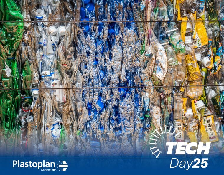 Gepresste Plastikflaschen in verschiedenen Farben: Recycling und Umweltschutz bei Tech Day 25 von Plastoplan.